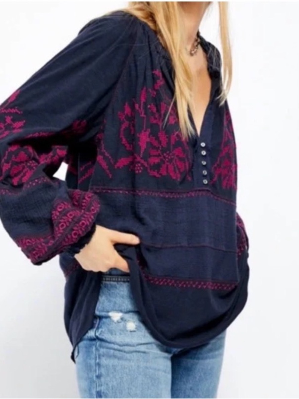 NWT Free People Persuasion Top with
Boho Embroidered Peasant Accents - Picture 2 of 4